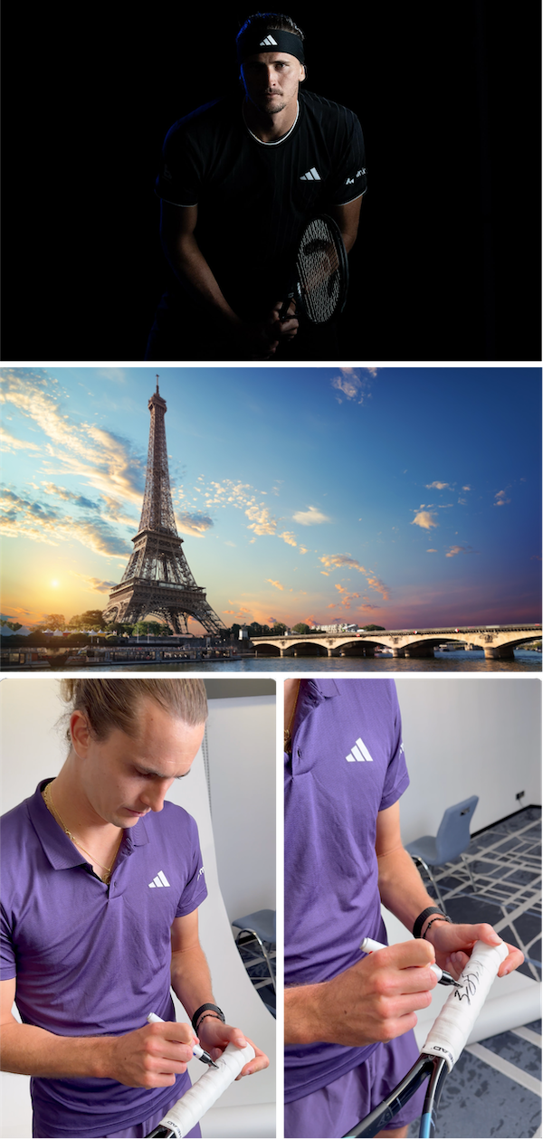 Alexander Zverev holding a tennis racket, signing a racket handl